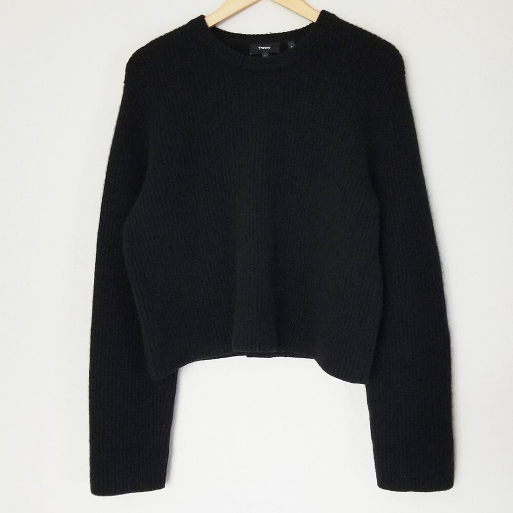 Theory Boxy Long Sleeves Felted Wool Cashmere Rib Sweater in Black Size L $425 - Picture 4 of 16